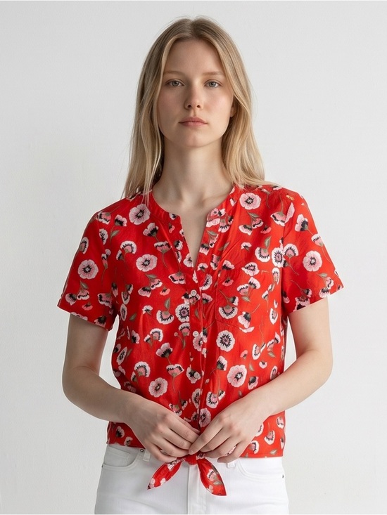 Tops - J. Crew Floral Tie Front Cotton Blouse Red Pink Short Sleeve Summer Cottagecore